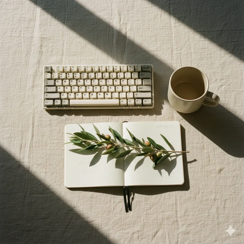 Escritorio de trabajo con teclado, cuaderno y café